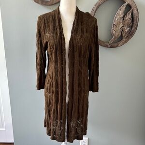 Eileen Fisher Brown Cardigan Sweater with Open Front and Long Length Size L